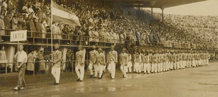 The Indian contingent marching at the opening ceremony of the 1952 Helsinki Olympics
